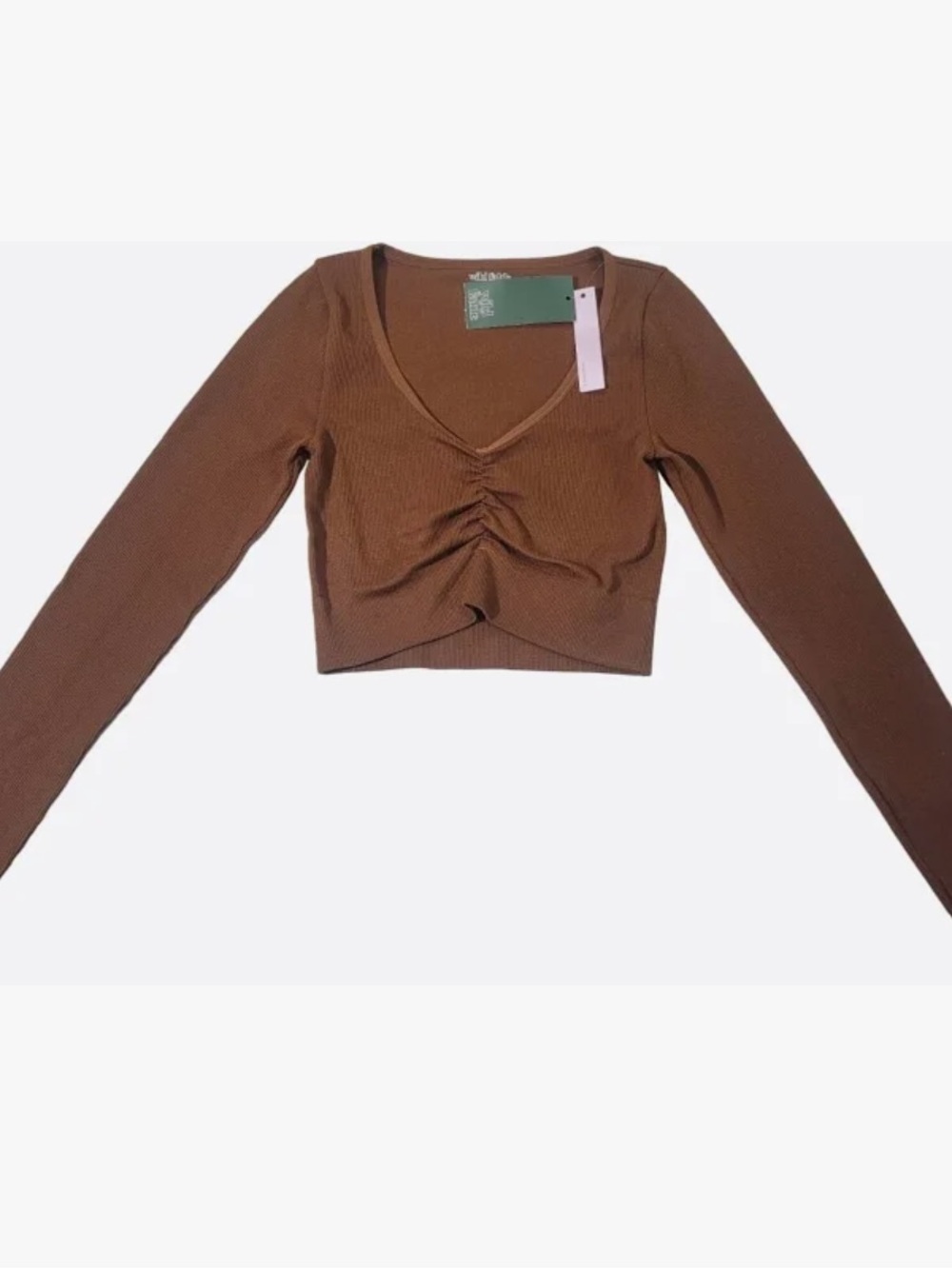 Wild Fable Brown Ruched V-Neck Ribbed Long Sleeve Crop Top